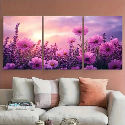 3pcs Pink Wildflowers Purple Skies Illustration Metal Print Ready to Hang Art - Bella Home Decor