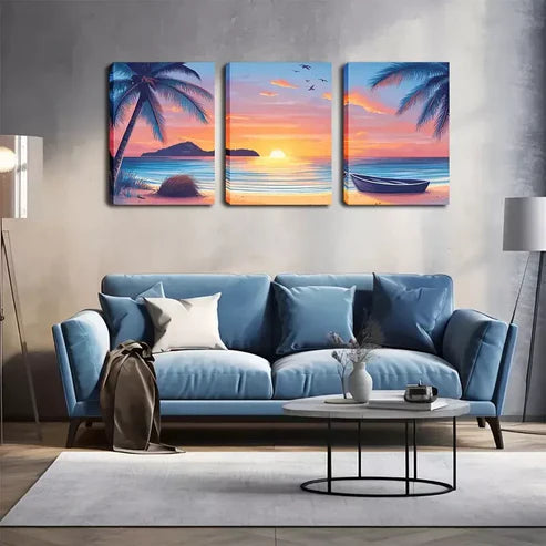 3pcs Sunset, A Boat On The Beach Wall Art Set Wall Art Canvas Unframed - High Quality Print 100% Australian Made Wall Canvas