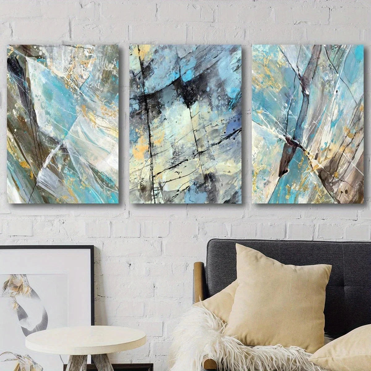 3pcs Golden Foil Marble Texture Blue and Green Metal Print Ready to Hang Art - Bella Home Decor