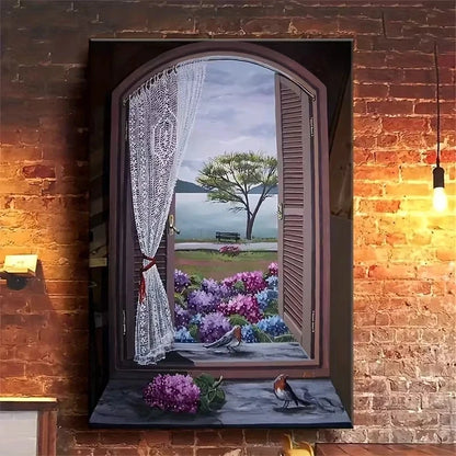 Floral & Bird Window Scenery Oil Painting Metal Print Ready to Hang