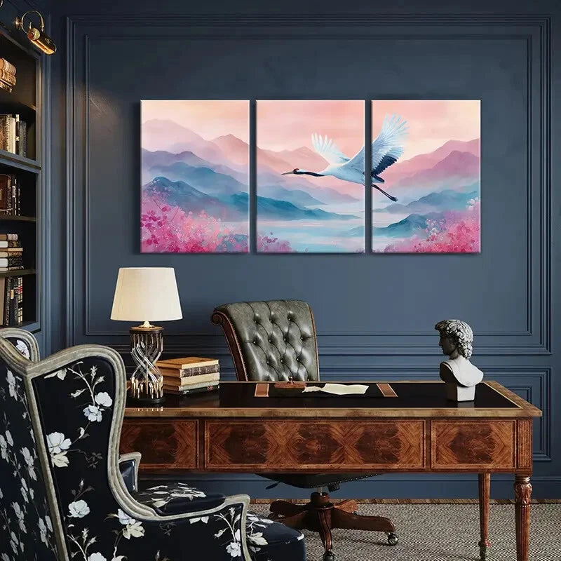 3pcs Crane Flight Over Serene Mountains Metal Print Ready to Hang Art - Bella Home Decor