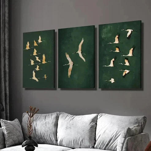 3pcs Cranes in Emerald Green Backdrop Wall Art Canvas Unframed - High Quality Print 100% Australian Made Wall Canvas - Bella Home Decor
