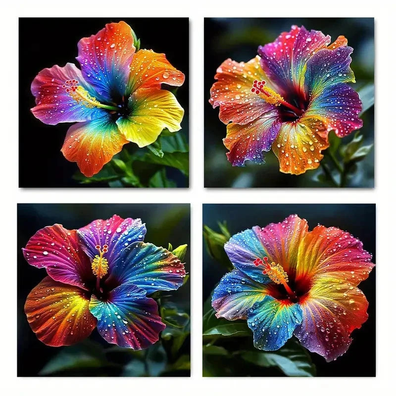 4pcs Colorful Hibiscus Flower Wall Art Canvas Framed