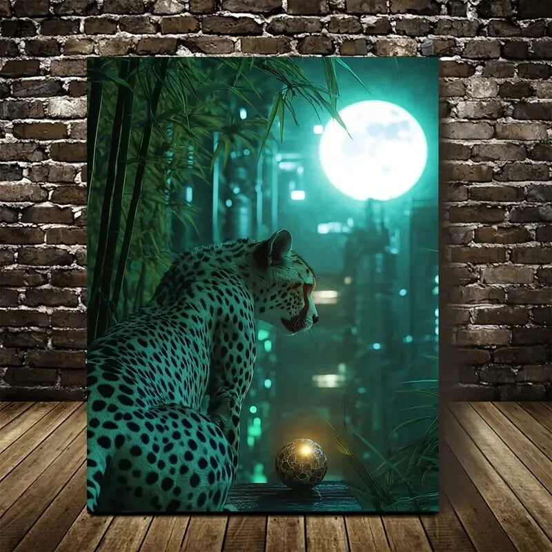 Cheetah & Moonlit Bamboo Moonlight Scene Painting 40x60cm Metal Print Ready to Hang - Bella Home Decor