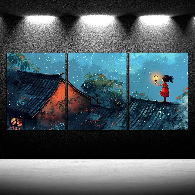 3pcs Elves Perch on The Cliffs of Mushroom Roofs Metal Print Ready to Hang Art - Bella Home Decor