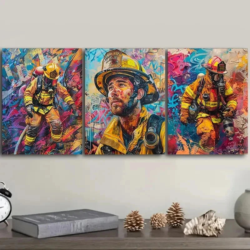 3pcs Fireman Decoration Painting Wall Art Set Canvas Framed 50x70cm - High Quality Print 100% Australian Made Wall Canvas Ready to Hang