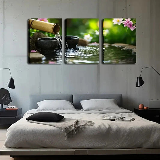 3pcs bamboo flow blooming flowers next to water Wall Art Set Canvas Framed 50x70cm - High Quality Print 100% Australian Made Wall Canvas Ready to Hang