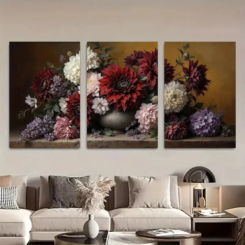 3pcs Dahlias Peonies And Lilacs in a Vase Metal Print Ready to Hang Art - Bella Home Decor
