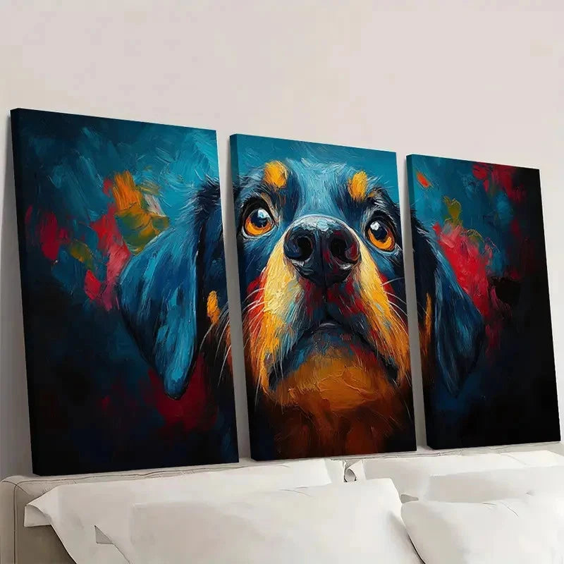 3pcs Abstract Dog Blue, Orange & Yellow Color  Wall Art Set Canvas Framed 50x70cm - High Quality Print 100% Australian Made Wall Canvas Ready to Hang - Bella Home Decor