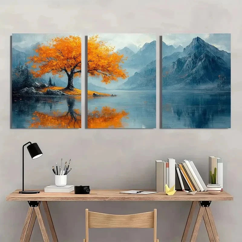 3pcs Golden Leaves Mountain Lake Reflection Wall Art Set Canvas Framed 40x60cm - High Quality Print 100% Australian Made Wall Canvas Ready to Hang - Bella Home Decor