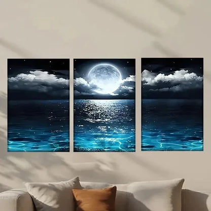 3pcs Full Moon Over Ocean with Clouds Wall Art Set Canvas Unframed - High Quality Print 100% Australian Made Wall Canvas - Bella Home Decor