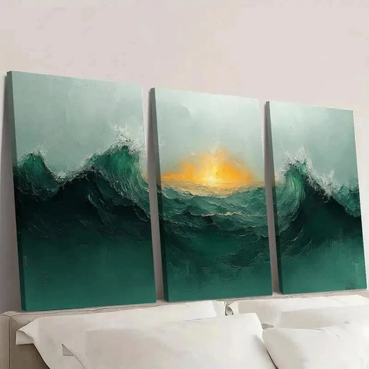 3pcs Green Minimalist Waves & Sunset E y Wall Art Set Canvas Framed 60x90cm - High Quality Print 100% Australian Made Wall Canvas Ready to Hang