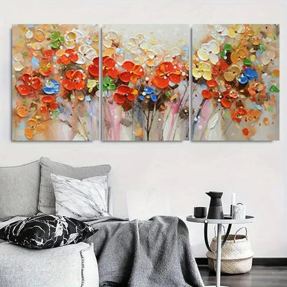 3pcs Vibrant Orange Blossom & Multicolor Metal Print Ready to Hang Art
