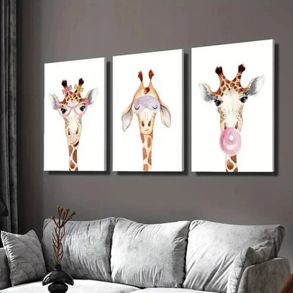 3pcs Giraffe Wearing Glasses Blowing Bubbles Wall Art Canvas Unframed - High Quality Print 100% Australian Made Wall Canvas - Bella Home Decor