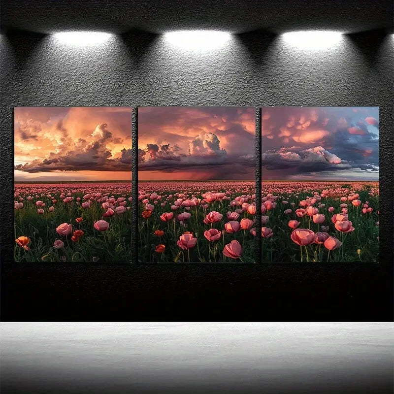 3pcs Cloudy Sky, Flower Fields Illustration Metal Print Ready to Hang Art - Bella Home Decor
