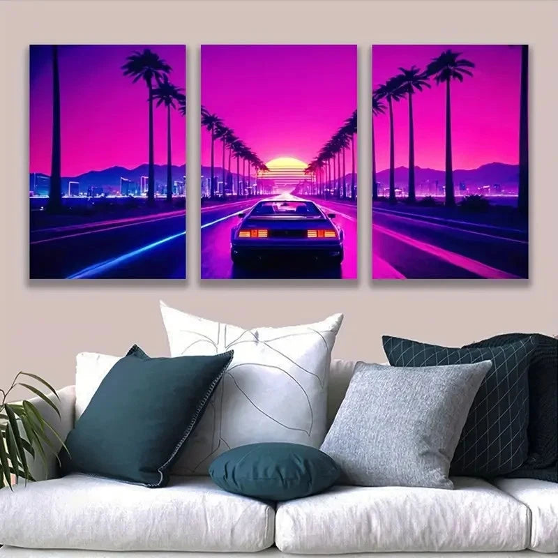 3pcs Retro Neon Sunset Drive Car Wall Art Set Canvas Framed 60x90cm - High Quality Print 100% Australian Made Wall Canvas Ready to Hang