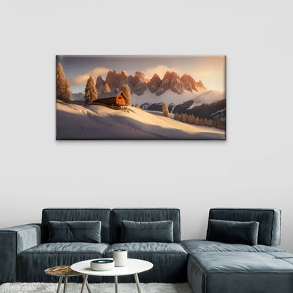 Snowy Scene Cabin Sunset Wall Art Canvas Office Home Room Framed 120x60cm