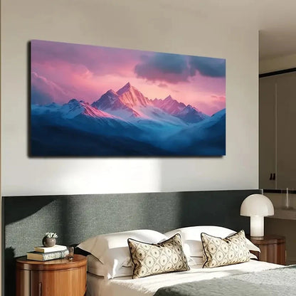 Mountain landscape painting above a bed in a bedroom