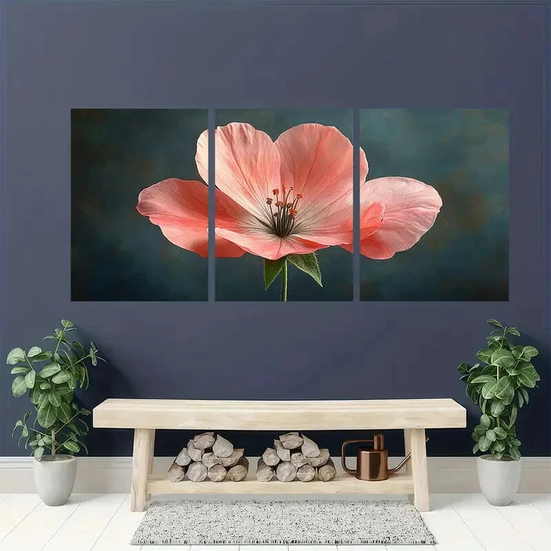 3pcs Vibrant Pink Geraniums on Dark Background Metal Print Ready to Hang Art - Bella Home Decor