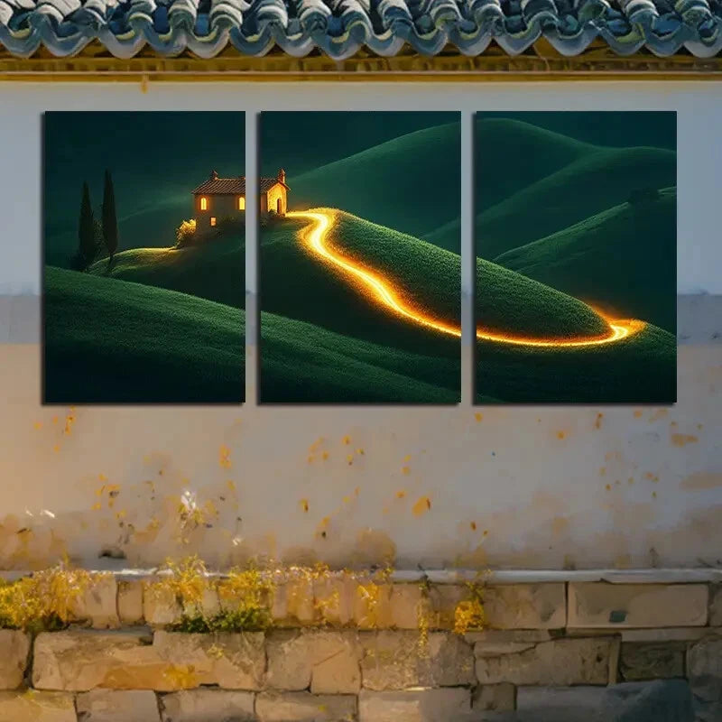 3pcs Landscape with Illuminated Path to Cottage Metal Print Ready to Hang Art - Bella Home Decor
