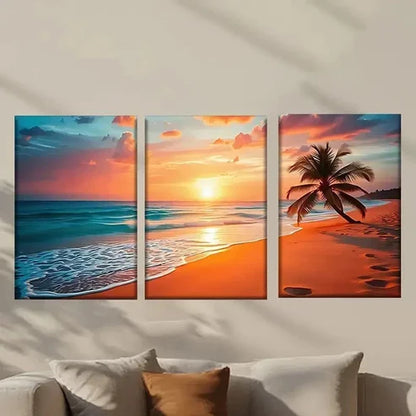 3pcs Beach with Palm Trees at Sunset Wall Art Canvas Unframed - High Quality Print 100% Australian Made Wall Canvas - Bella Home Decor