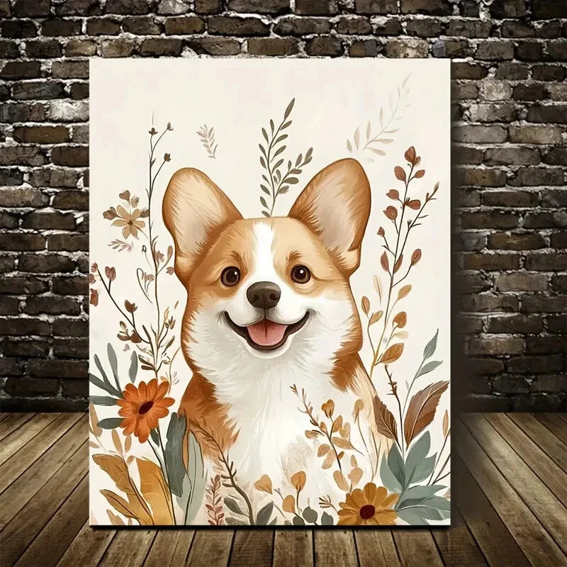 Flowers And Plants Cute Corgi Dog 40x60cm Metal Print Ready to Hang
