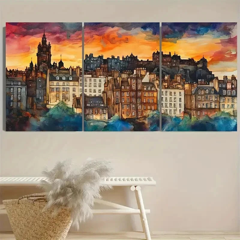 3pcs Edinburgh Scotland Scottish Cityscape Evening Metal Print Ready to Hang Art - Bella Home Decor