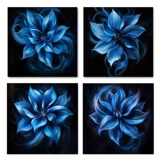 4pcsVibrant Blue FloraWall Art Canvas Framed