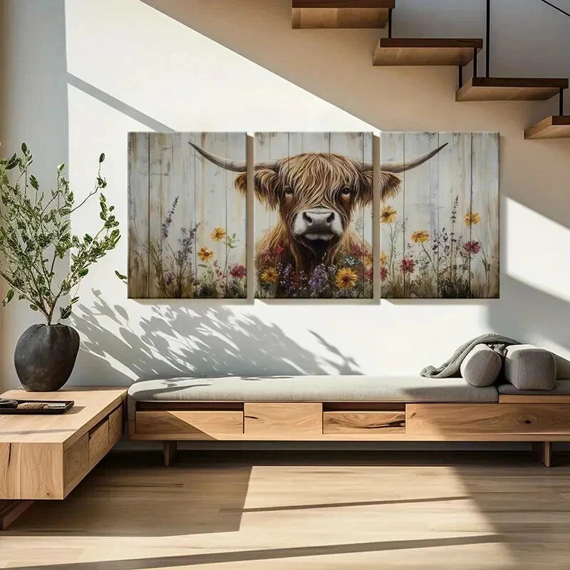 3pcs Highland Cattle Floral Garden Farmhouse Metal Print Ready to Hang Art - Bella Home Decor