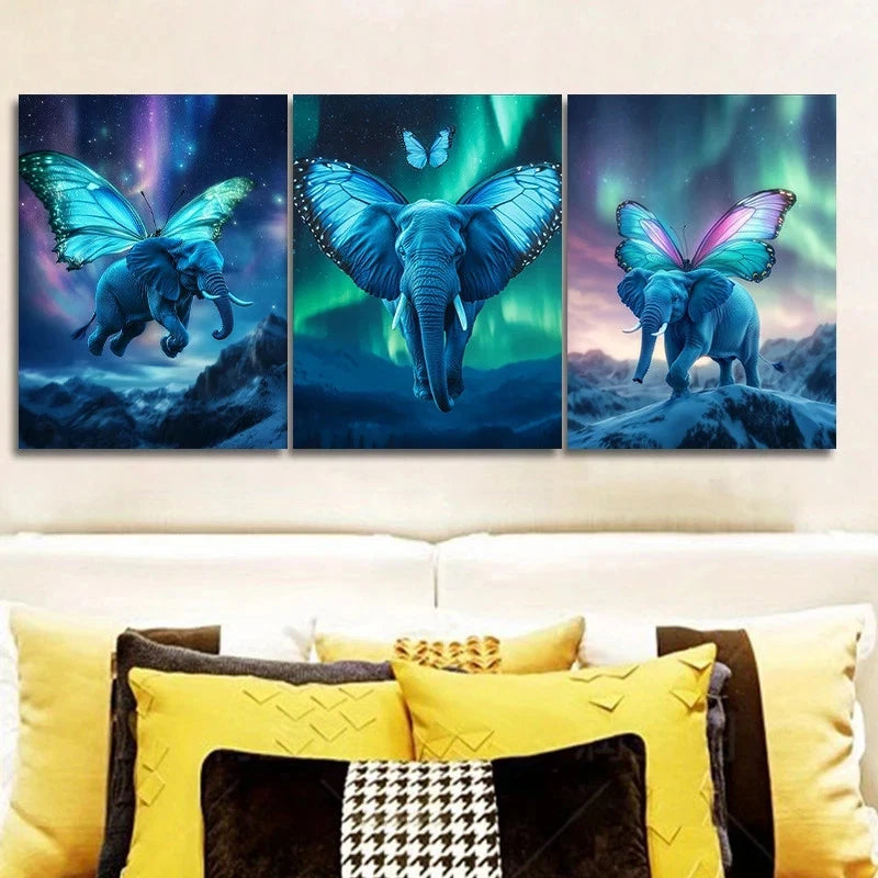 3pcs Featuring Elephants with Butterfly Metal Print Ready to Hang Art - Bella Home Decor