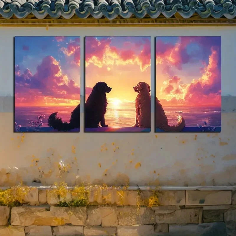 3pcs Two Dogs Sit on The Edge of Rainbow Bridge Metal Print Ready to Hang Art - Bella Home Decor