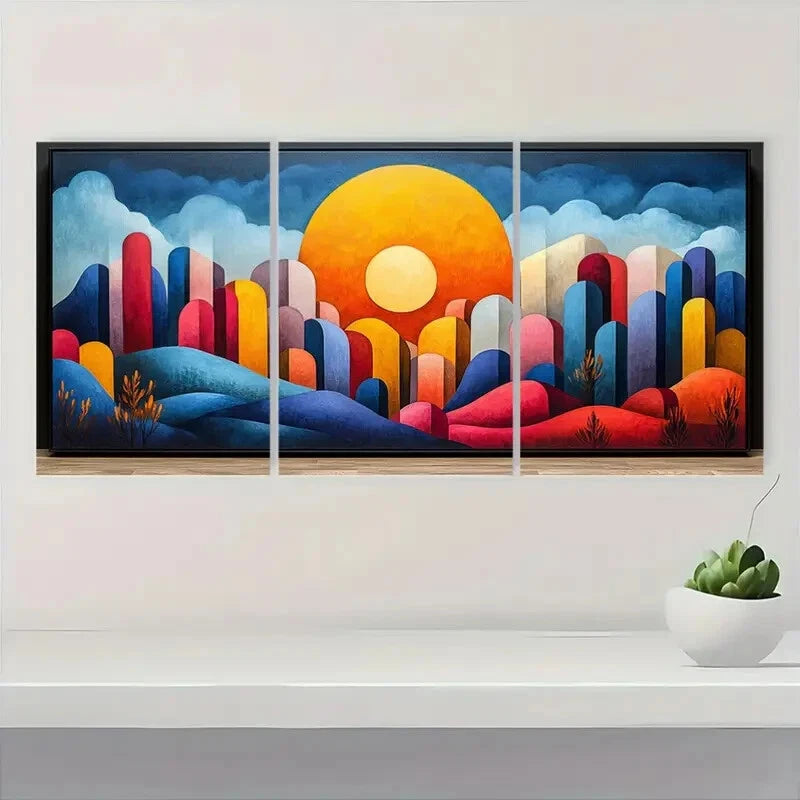 3pcs Abstract Color Block with Black Frames Metal Print Ready to Hang Art