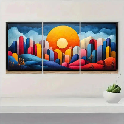 3pcs Abstract Color Block with Black Frames Metal Print Ready to Hang Art