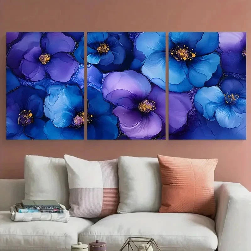3pcs Vibrant Floral in Abstract Blue and Purple Metal Print Ready to Hang Art - Bella Home Decor