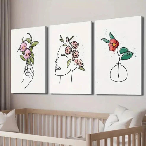3pcs Floral Poster with Human Face And Hands Wall Art Canvas Unframed - High Quality Print 100% Australian Made Wall Canvas