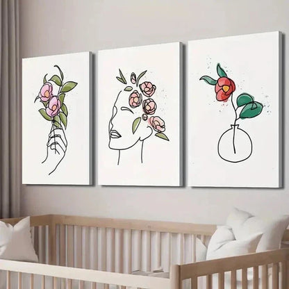 3pcs Floral Poster with Human Face And Hands Wall Art Canvas Unframed - High Quality Print 100% Australian Made Wall Canvas