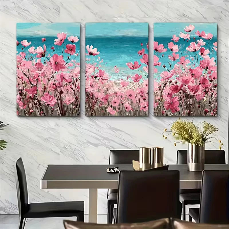 3pcs Pink Wildflowers Field Beach Landscapes Metal Print Ready to Hang Art