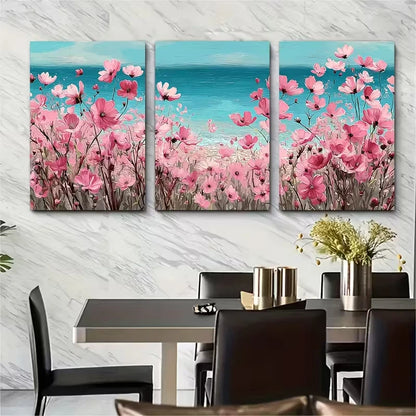 3pcs Pink Wildflowers Field Beach Landscapes Metal Print Ready to Hang Art