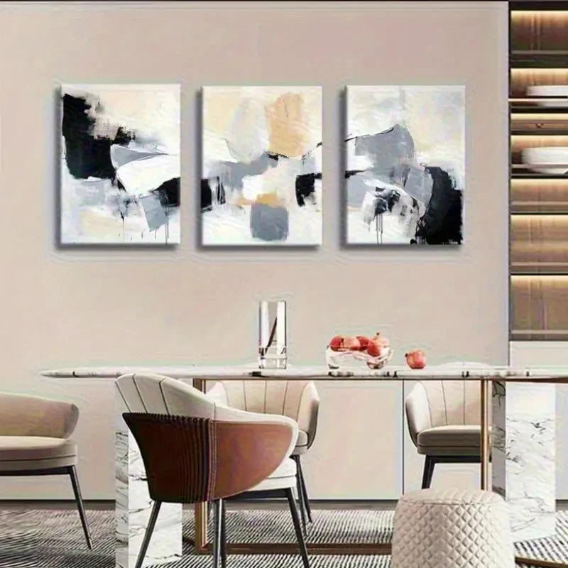 3pcs Abstract Geometric White and Golden Brush Metal Print Ready to Hang Art - Bella Home Decor