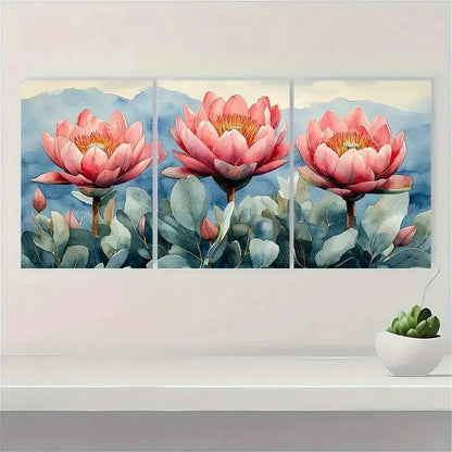 3pcs Pink Proteas on Soft Blue-Green Background Metal Print Ready to Hang Art - Bella Home Decor