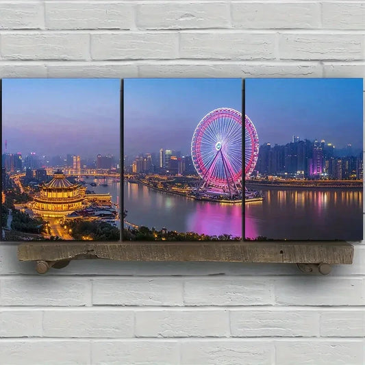 3pcs Cityscape Ferris Wheel Watercolor Style Metal Print Ready to Hang Art