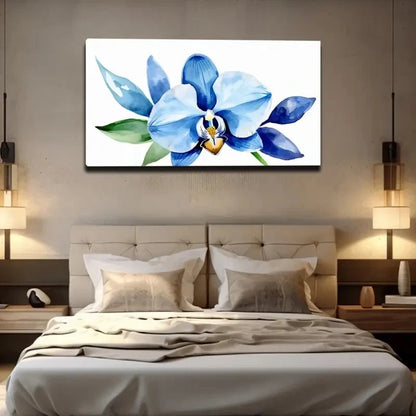 Vibrant Blue & Purple Orchid Wall Art Canvas Office Home Room Framed 120x60cm