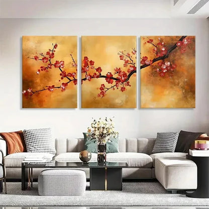 3pcs Cherry Blossom Red Flowers Branch Perfect Wall Art Set Canvas Unframed - High Quality Print 100% Australian Made Wall Canvas - Bella Home Decor