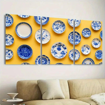 3pcs Blue and white porcelain plates on yellow Wall Art Set Canvas Framed 60x90cm - High Quality Print 100% Australian Made Wall Canvas Ready to Hang - Bella Home Decor