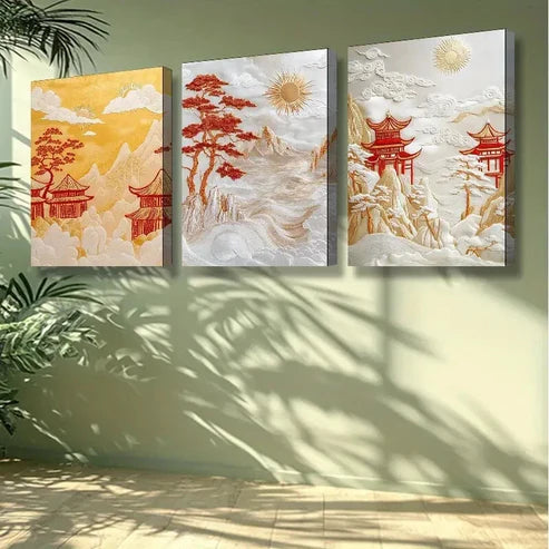 3pcs Chinese Traditional Pavilion Wall Art Set Canvas Unframed - High Quality Print 100% Australian Made Wall Canvas - Bella Home Decor