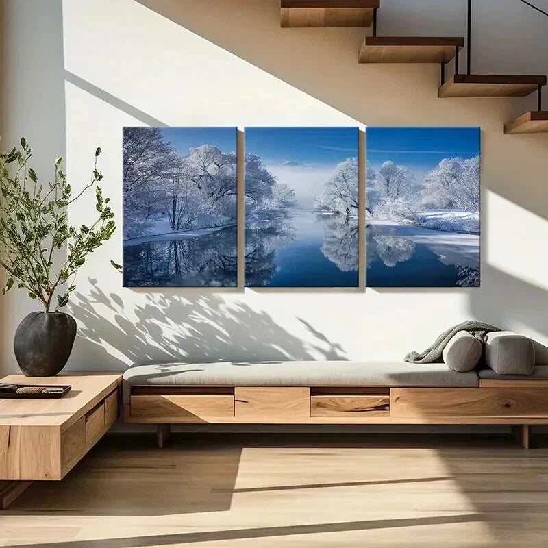 3pcs Snow Scene Forest Lake & Trees Wall Art Set Canvas Framed 50x70cm - High Quality Print 100% Australian Made Wall Canvas Ready to Hang - Bella Home Decor