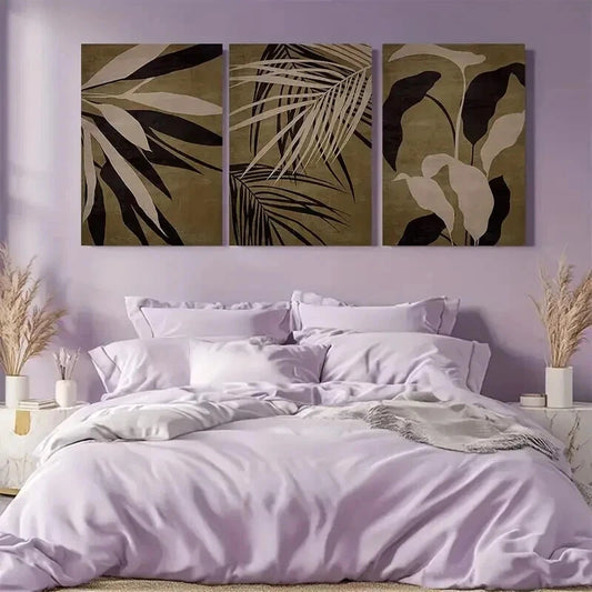 3pcs Abstract Brown Tropical Leaf Print Wall Art Set Canvas Framed 40x60cm - High Quality Print 100% Australian Made Wall Canvas Ready to Hang