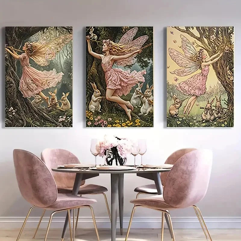 3pcs Whimsical Dancing Fairies & Rabbits Framed Wall Art Set Canvas Framed 50x70cm - High Quality Print 100% Australian Made Wall Canvas Ready to Hang