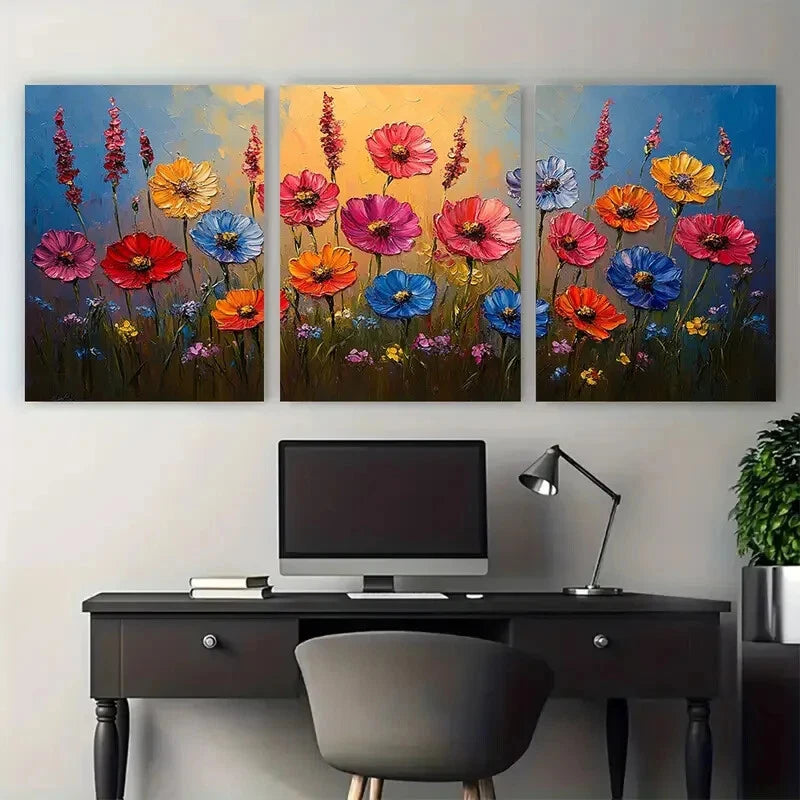 3pcs Vibrant Meadow Modern Impressionist Florals Metal Print Ready to Hang Art - Bella Home Decor