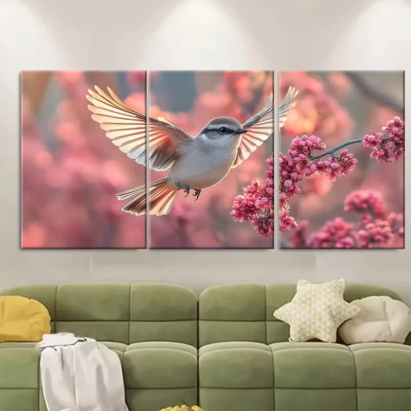 3pcs Bird Flying to Pink Branches Metal Print Ready to Hang Art - Bella Home Decor